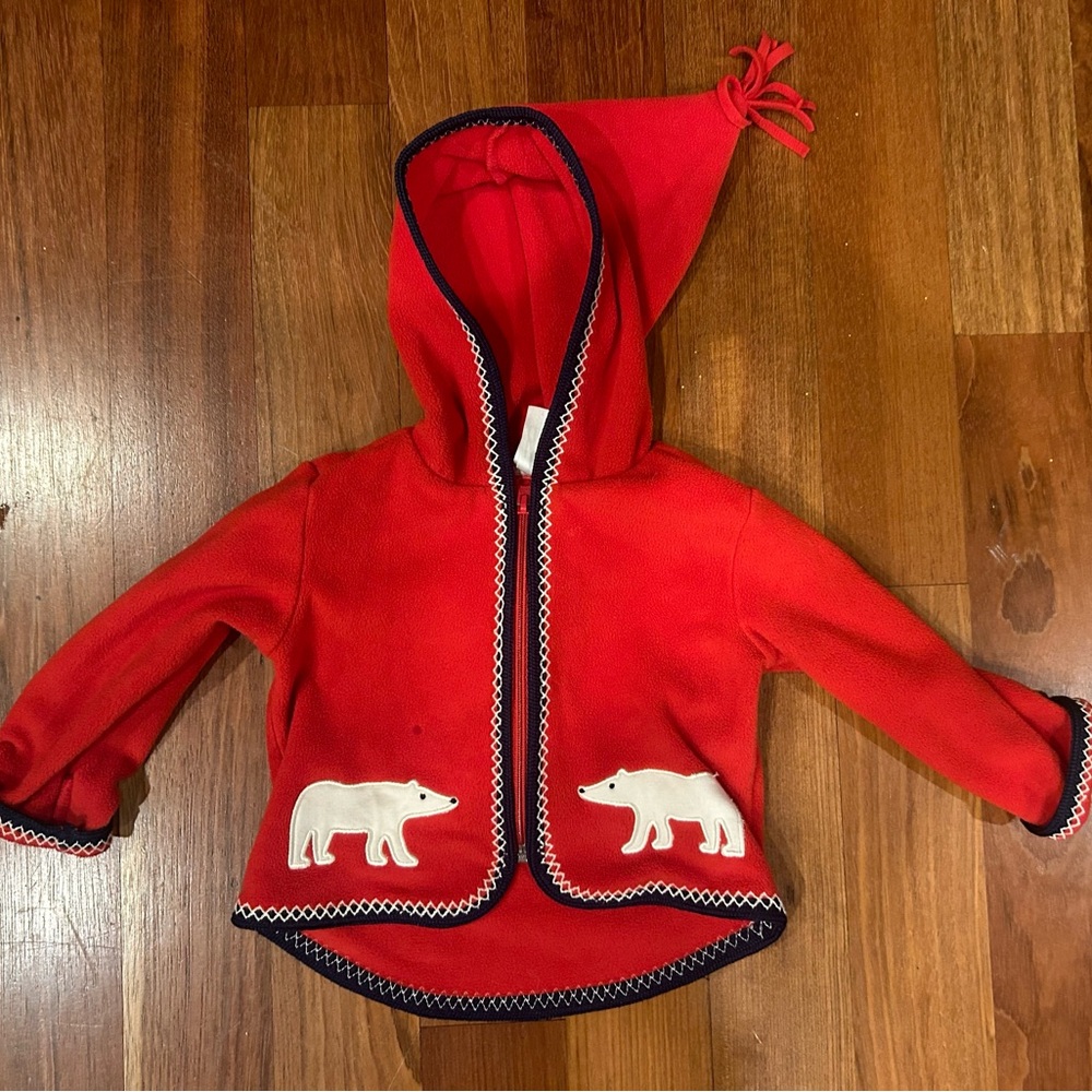 Hanna Andersson Fleece Elf Coat Jacket Zip Up 6-12 months Red Polar bear 70cm
